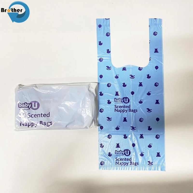 Custom Biodegradable Small Plastic PE Vest T-Shirt Foldable Plastic Nappy Sack Baby Disposal Carry Carrying Nappy Diaper Bag