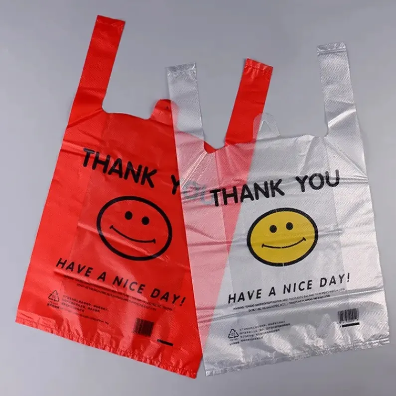 Custom Printed Vest Handle Carrier Grocery Bags Reusable Thank You Plastic Bag with My Logo